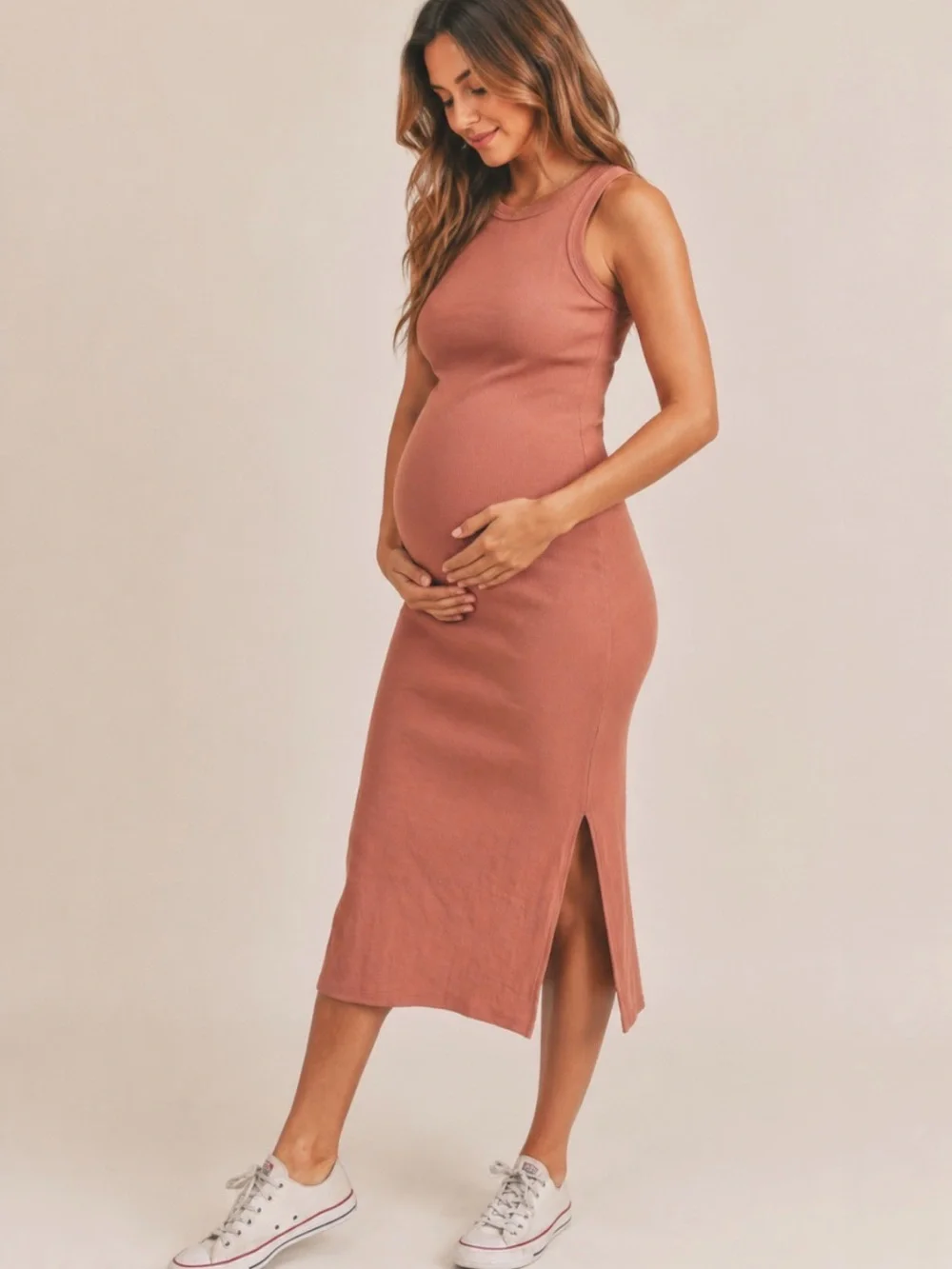 Sleeveless super stretchy Ribbed Midi Dress in Dusty Rose - Picture 1 of 9